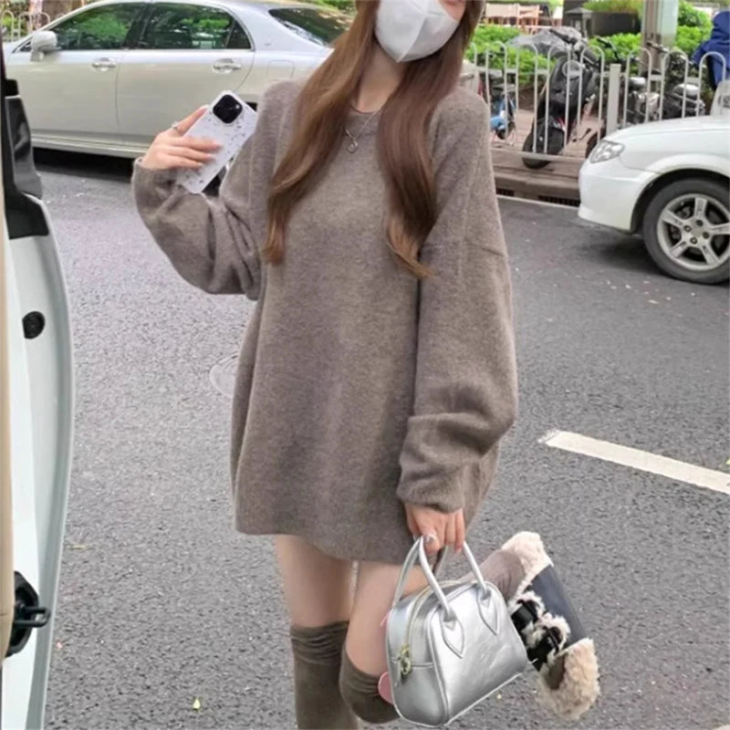 Korean Style Mid-Length Loose Knit Sweater for Women – Casual Solid O-Neck Pullover for Autumn/Winter Streetwear