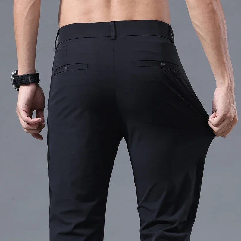 Men's Summer Lightweight Stretch Suit Pants – Slim Fit Korean Style Business Casual Trousers with Elastic Waist