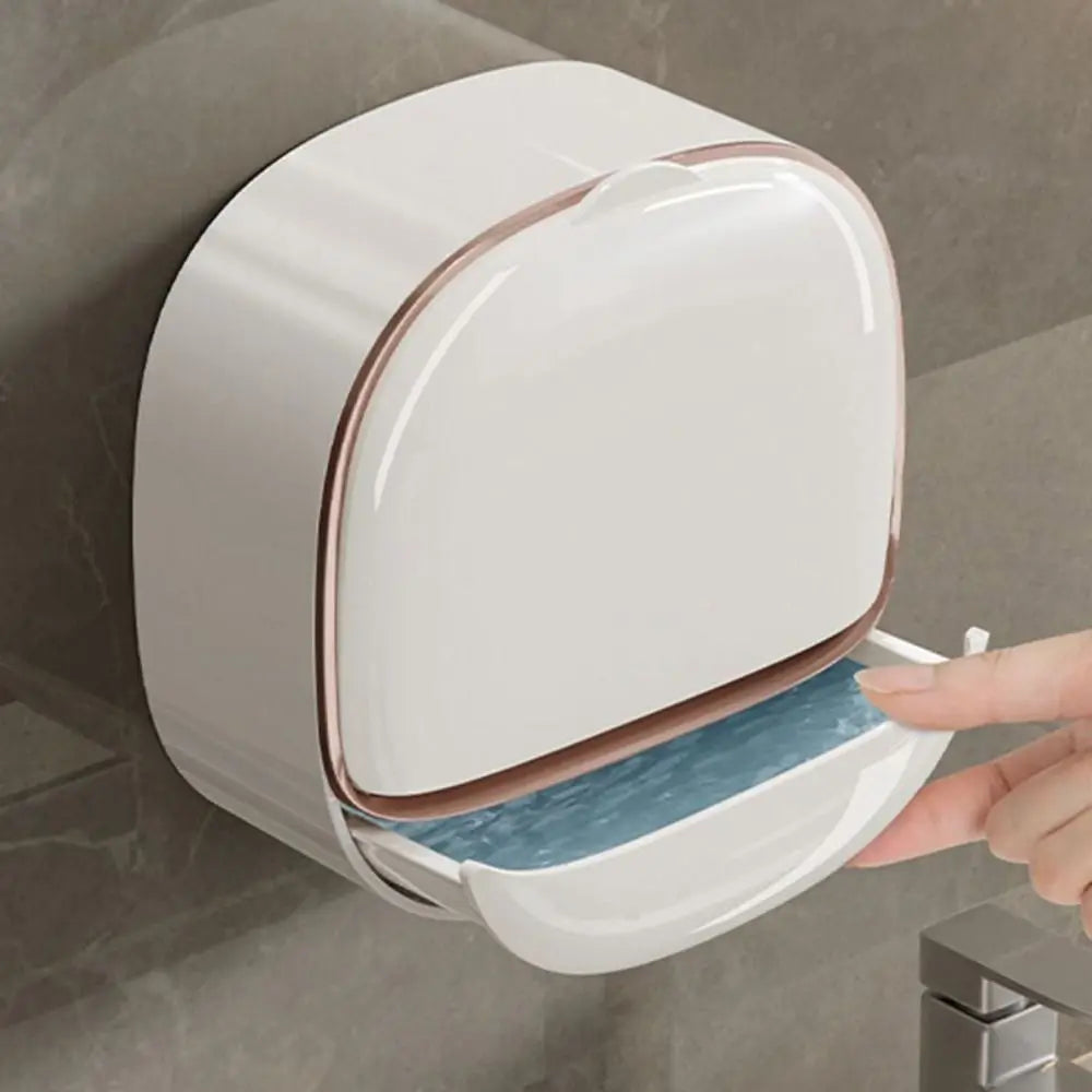Punch-Free Wall-Mounted Soap Holder with Drainage Tray and Flip Cover – Bathroom Soap Storage Box