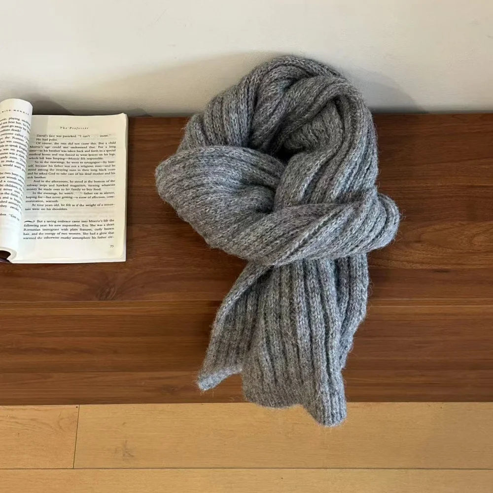 High-End Korean Style Thick Knit Scarf for Women – Warm Woolen Solid Color Winter & Autumn Wrap