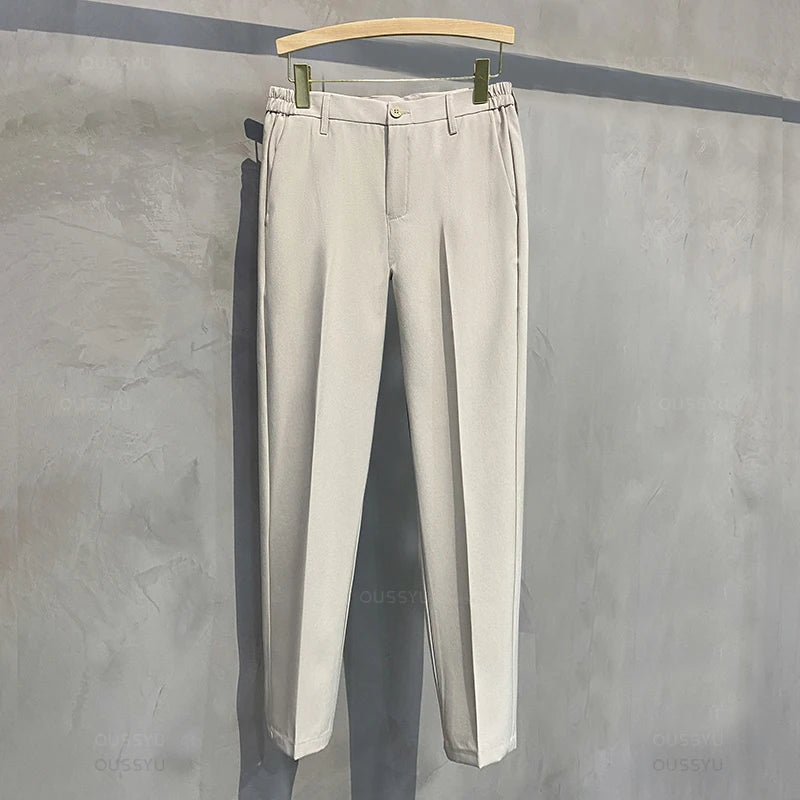 2025 Spring-Summer Men's Slim Fit Casual Business Jogger Pants with Elastic Waist, Available in Plus Sizes 40 and 42, Black