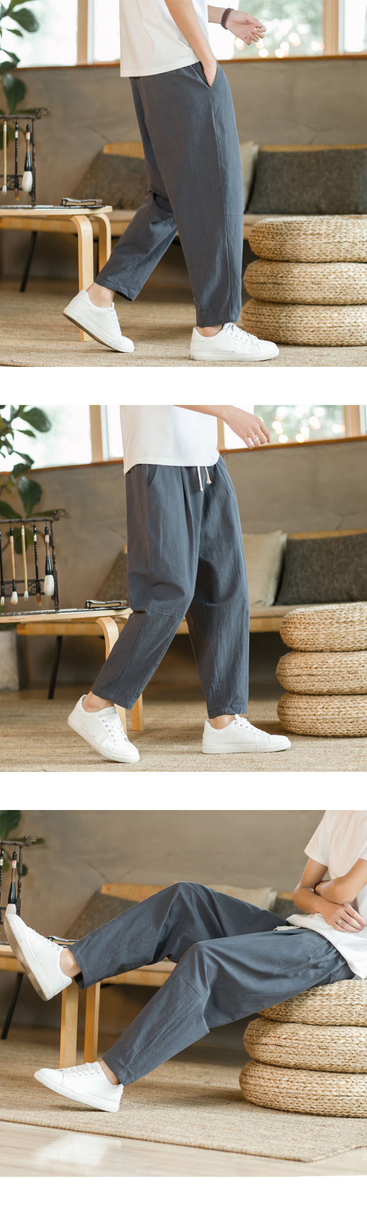 Men's Casual Cotton-Linen Pants – Breathable Loose-Fit Straight-Leg Drawstring Trousers in Solid Colors, Stylish Summer Streetwear