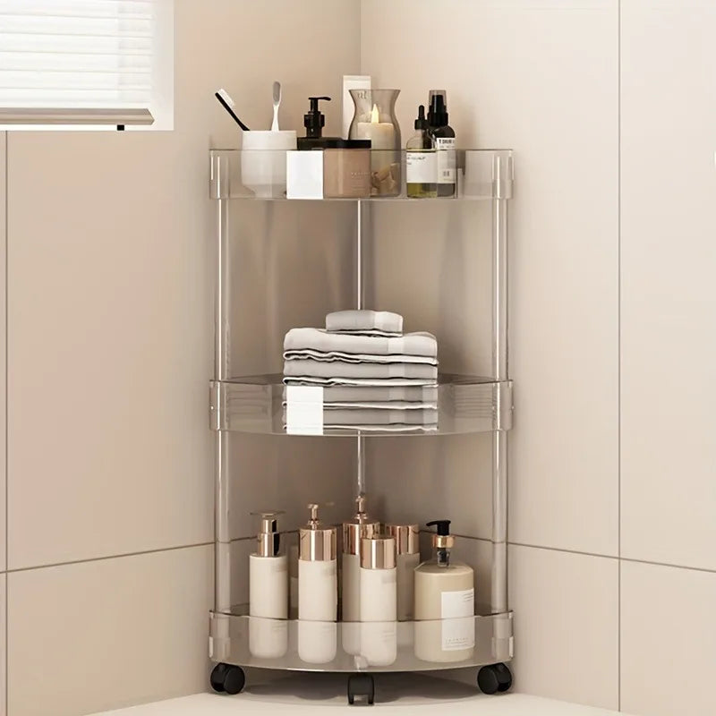 Large Capacity Acrylic Shelf Trolley – Bathroom & Kitchen Corner Storage Cart Organizer for Cosmetics and Home Essentials