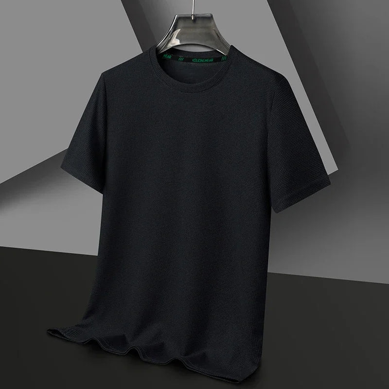Men’s Summer Casual Waffle O-Neck Short Sleeve T-Shirt – Breathable Solid Color Fashion Tee