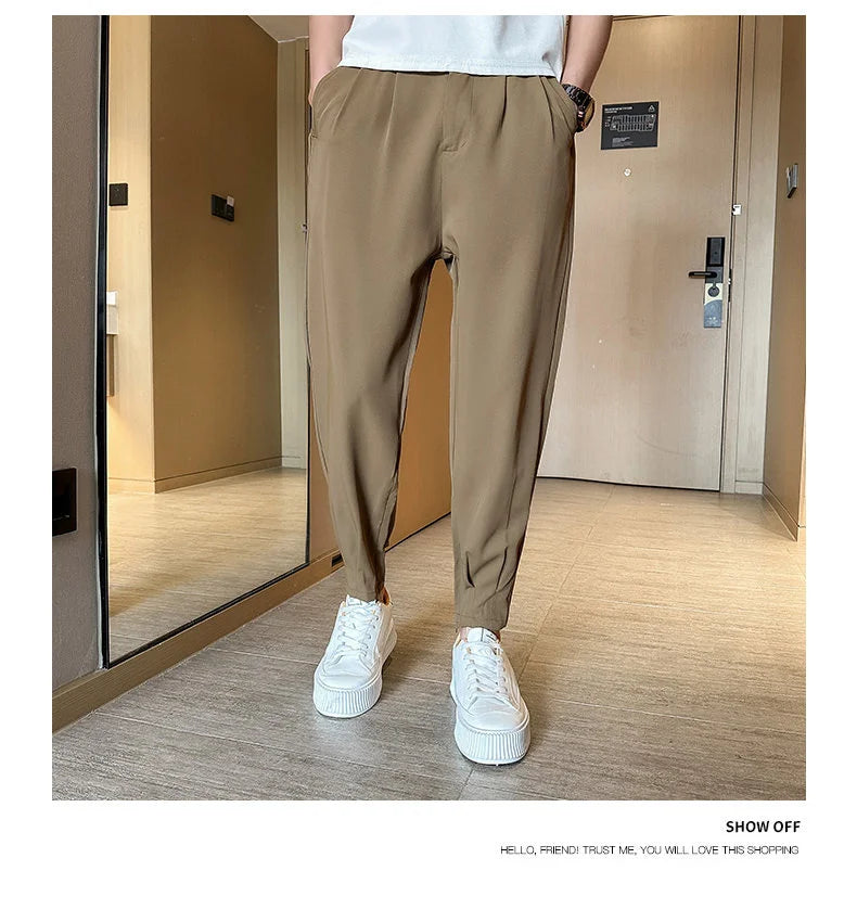 Men’s Spring & Summer Casual Solid Color Ice Silk Trousers — Korean Style Slim Ankle Pants with Zipper Detail, Smooth & Lightweight for a Handsome Look