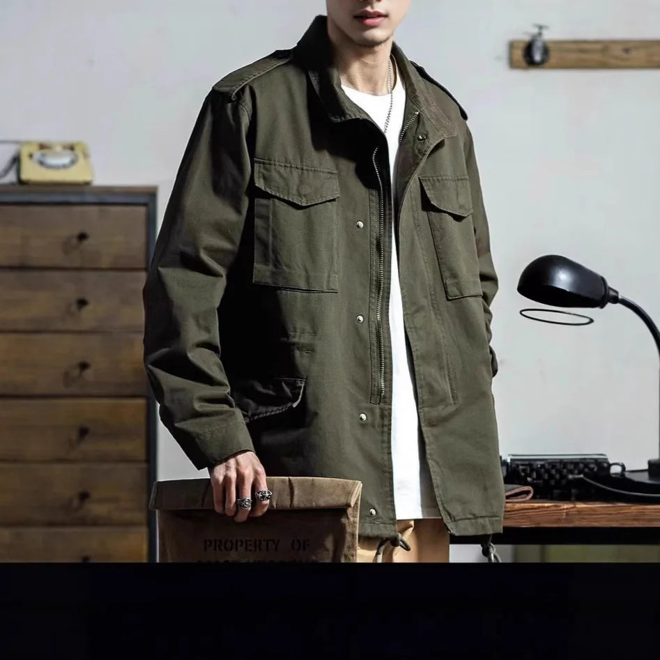 Men's Retro Cargo Windbreaker – Outdoor Multi-Pocket Vintage Jacket, Casual Solid Color Coat