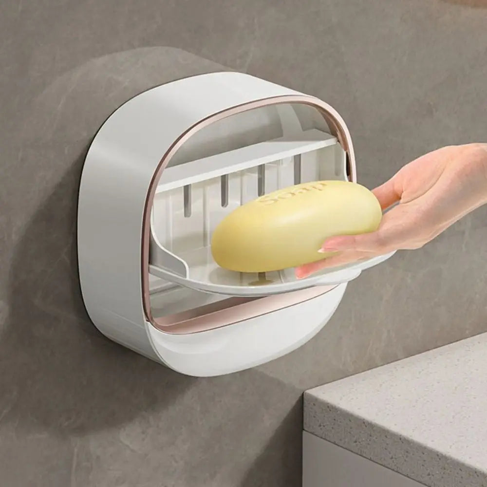 Punch-Free Wall-Mounted Soap Holder with Drainage Tray and Flip Cover – Bathroom Soap Storage Box