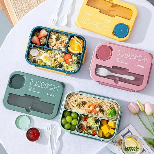 1300ML 4-Compartment Bento Lunch Box with Cutlery – Microwave & Dishwasher Safe, Leakproof Food Container for School, Work & Adults