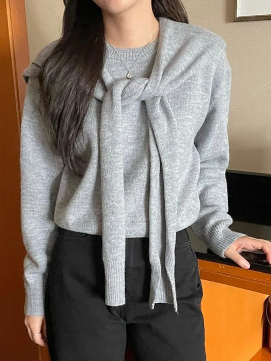 Vintage-Inspired Colorblock Knit Two-Piece Set – Cozy Long Sleeve Sweater & Skirt Outfit for Autumn Commuting