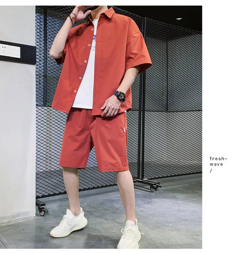 2025 Trendy Korean-Style Men's Summer Outfit – Casual Two-Piece Set Featuring Short Sleeve Shirt & Matching Shorts, Stylish High Street Look for Daily & Streetwear Fashion