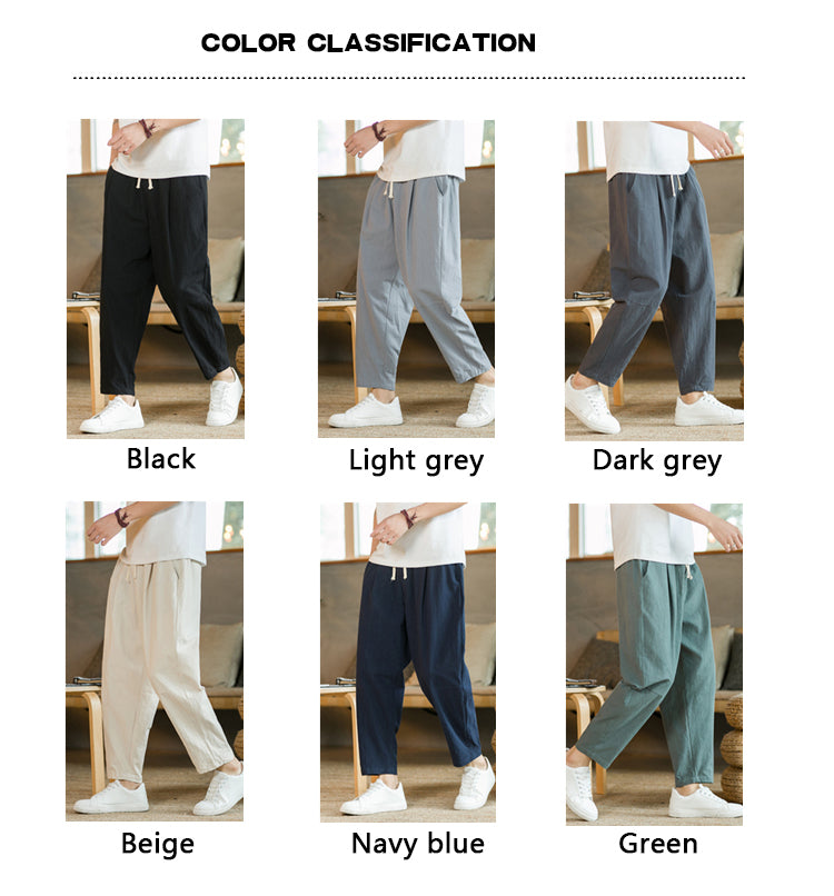 Men's Casual Cotton-Linen Pants – Breathable Loose-Fit Straight-Leg Drawstring Trousers in Solid Colors, Stylish Summer Streetwear