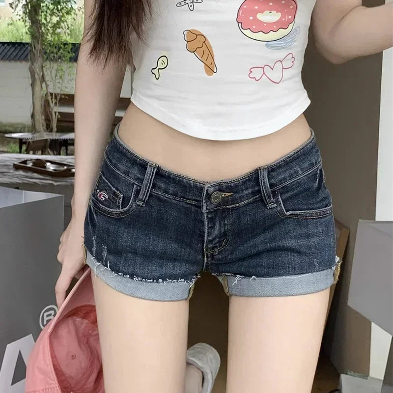 2024 New Summer Women’s Y2K Style Denim Shorts, Sexy Low-Waist Hot Pants, Korean Deep Blue Hip-Hugging Jeans