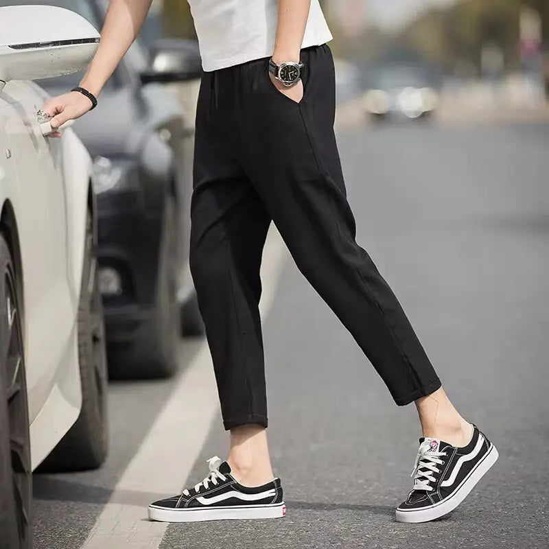 2025 Men's Formal Elastic Waist Straight-Leg Suit Pants – Business Casual Long Trousers in Solid Black and Grey
