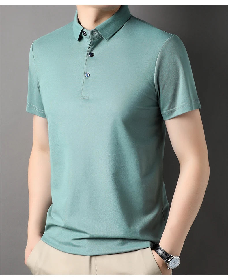 Luxury Summer Men’s Polo Shirt – Premium Plain Design with 4.7% Mulberry Silk, Short Sleeve, Lightweight Casual Fashion Top
