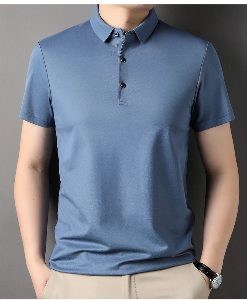 Premium Men's Polo Shirt – Luxury Summer Short Sleeve Casual Top Made with 4.7% Mulberry Silk – Plain Design, Elegant and Stylish 
