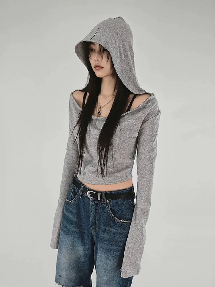 Y2K Aesthetic Women's Hooded Crop Top – Casual Streetwear Slim Fit Off-Shoulder Long Sleeve Tee with Grunge Style