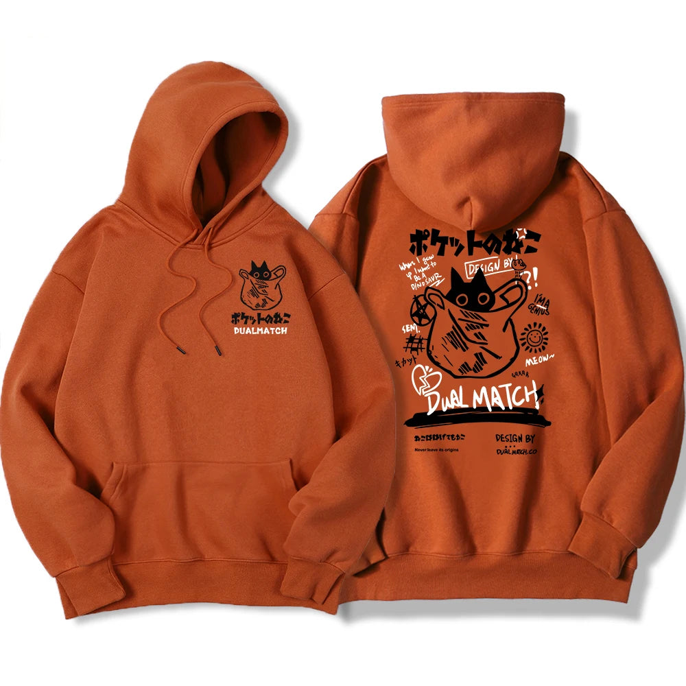 Y2K Harajuku Kawaii Cat Couple Print Hoodie – Unisex Oversized Fleece Pullover for Autumn, Warm Hip Hop Style Sweatshirt