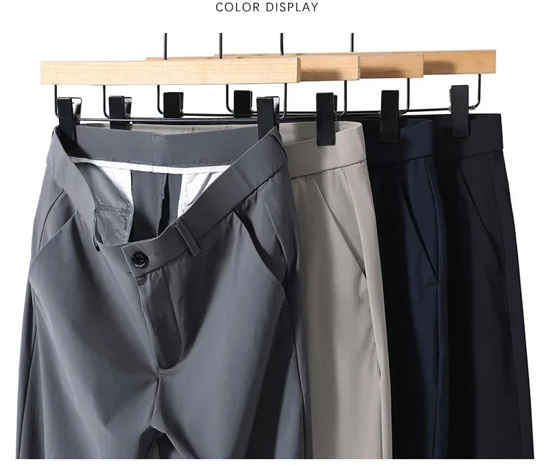 Men's Summer Lightweight Stretch Suit Pants – Slim Fit Korean Style Business Casual Trousers with Elastic Waist