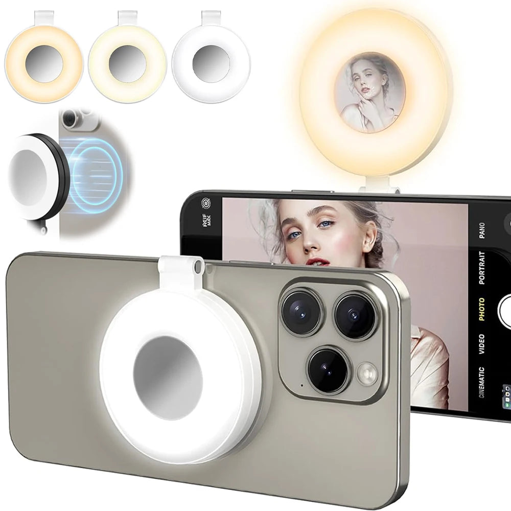 Portable Magnetic Selfie Ring Light with Built-in Mirror, Foldable 180° LED Phone Flash Compatible with MagSafe