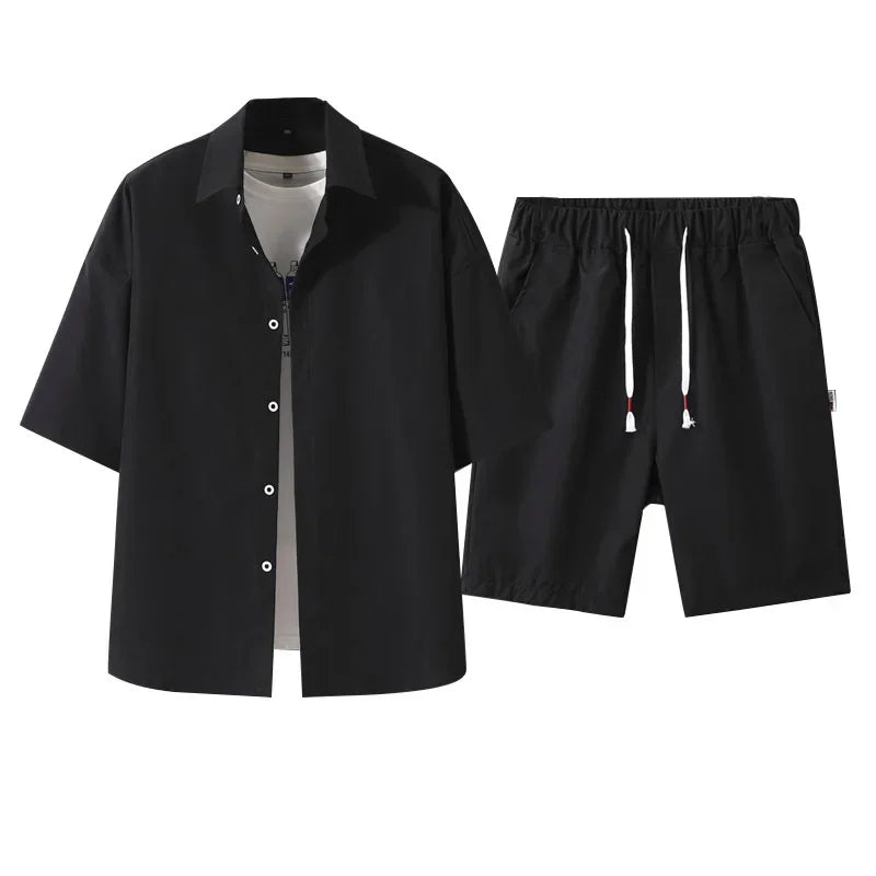 2025 Trendy Korean-Style Men's Summer Outfit – Casual Two-Piece Set Featuring Short Sleeve Shirt & Matching Shorts, Stylish High Street Look for Daily & Streetwear Fashion