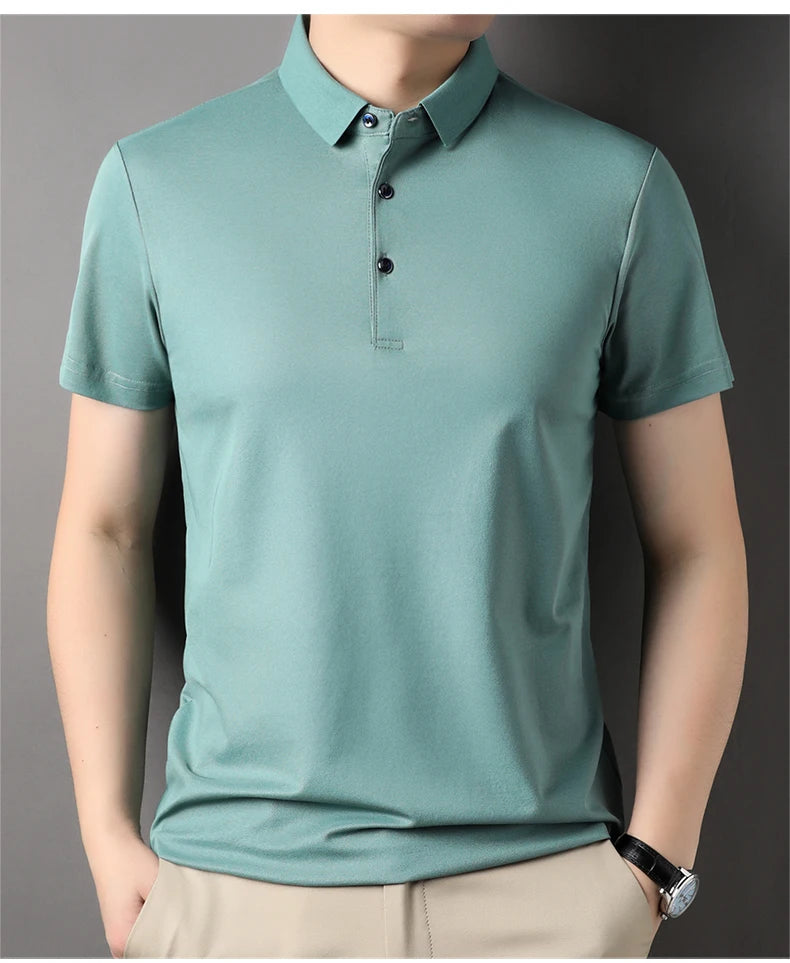 Premium Men's Polo Shirt – Luxury Summer Short Sleeve Casual Top Made with 4.7% Mulberry Silk – Plain Design, Elegant and Stylish 