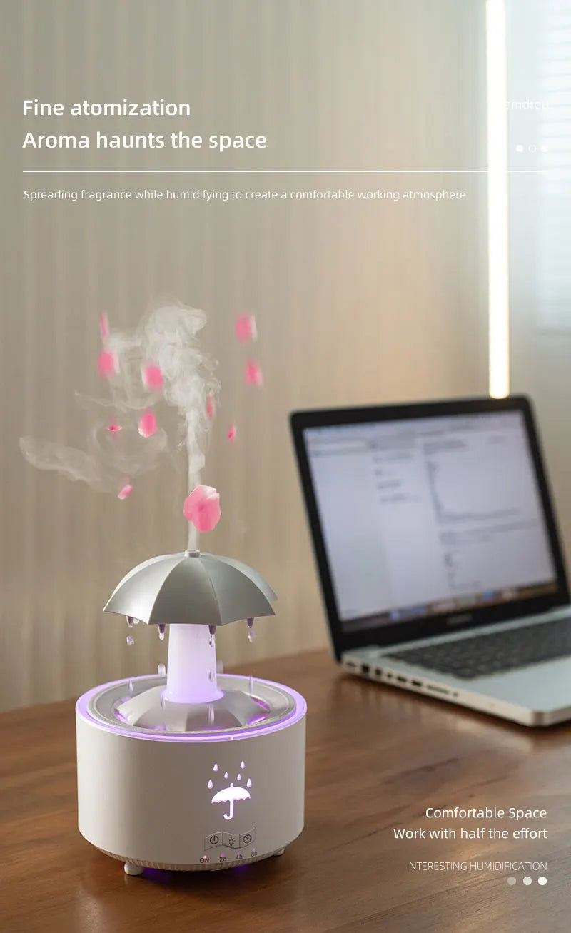 Cloud Rain Aroma Diffuser with Humidifier, Raindrop Design, Remote-Controlled Night Light, Desktop Water Fountain with Soothing Water Drop Sounds for Home Use