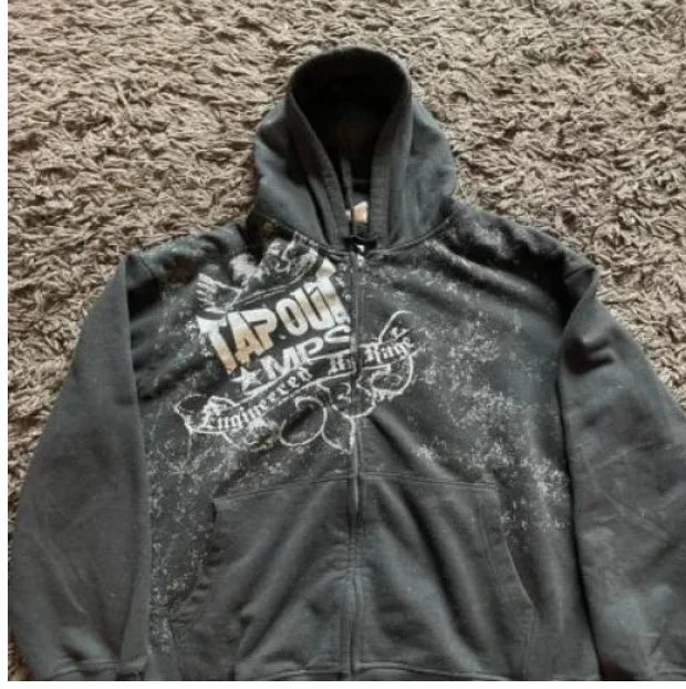 American Y2K-Inspired Oversized Padded Hoodie – Women's Streetwear Hip Hop Zip-Up Sweatshirt, Casual Punk Couple Style Outerwear