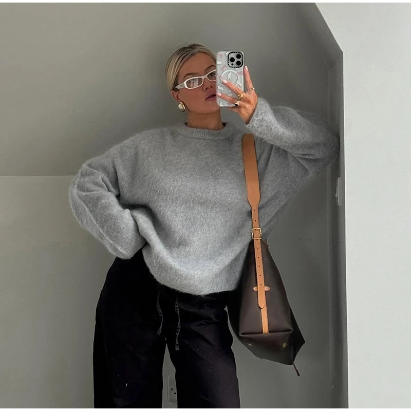 Women's Cozy Mohair Striped Knit Sweater – Warm O-Neck Pullover with Full Sleeves, Autumn 2025 Fashion