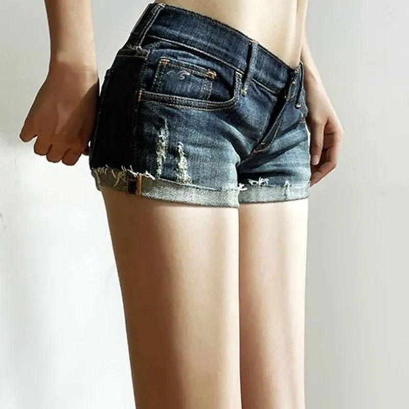 Women's Summer Deep Blue Denim Shorts – Low Waist, Slim Fit, Elastic Hot Pants, Sexy Korean-Style Hip-Hugging Jeans