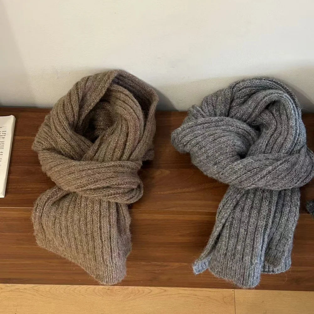 High-End Korean Style Thick Knit Scarf for Women – Warm Woolen Solid Color Winter & Autumn Wrap