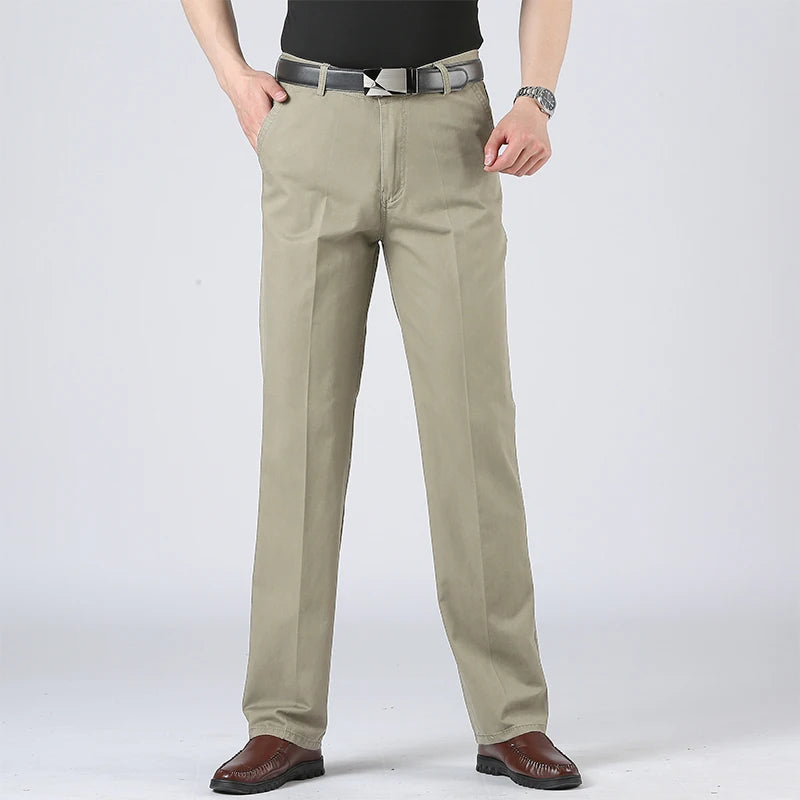 Men's Solid Cotton Straight-Leg Chino Pants – Business Casual Trousers with Belt, Ideal for Autumn & Winter – Classic Formal Style for Adults & Seniors