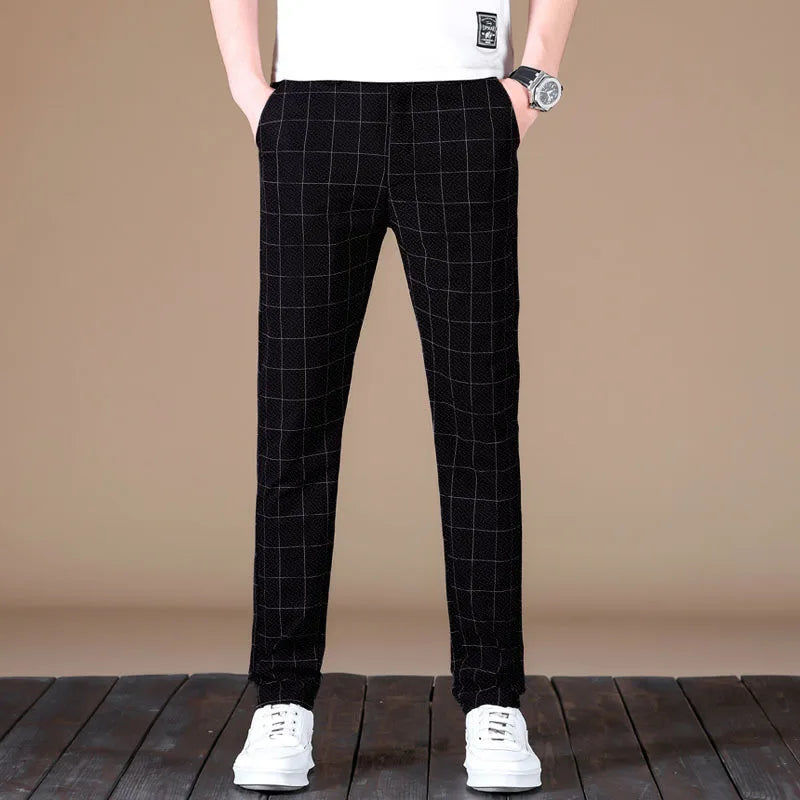2025 Men's Formal Elastic Waist Straight-Leg Suit Pants – Business Casual Long Trousers in Solid Black and Grey