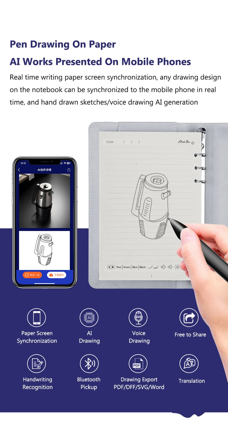 Smart Digital Notebook with Sync Pen – AI Voice, Drawing, Bluetooth Real-Time Cloud Transmission Writing Set