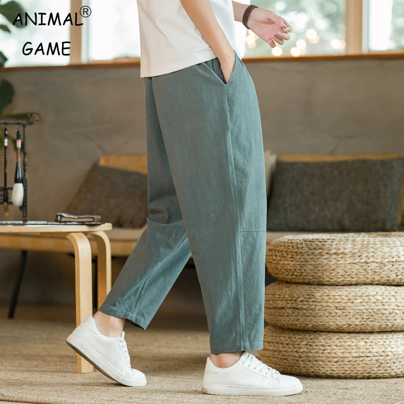 Men's Casual Cotton-Linen Pants – Breathable Loose-Fit Straight-Leg Drawstring Trousers in Solid Colors, Stylish Summer Streetwear