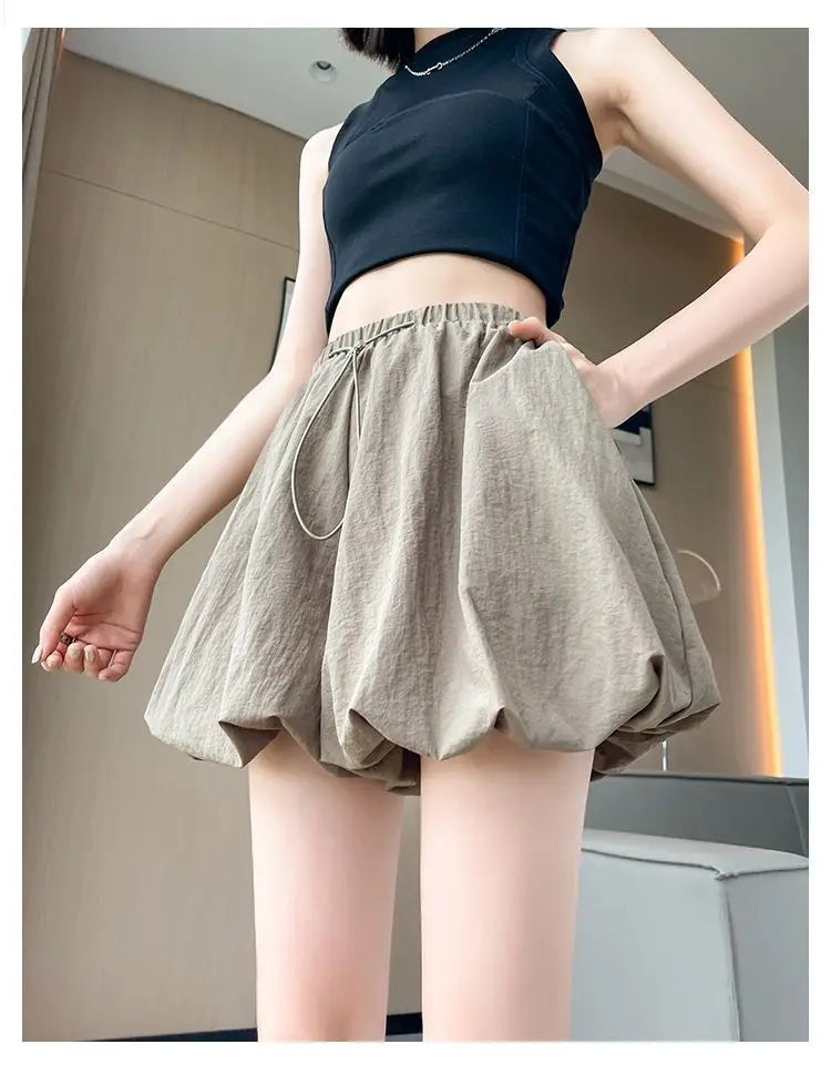 Women's High-Waist Lantern Shorts – Casual Summer Streetwear with Pockets, Relaxed Fit for Students, Youth, and Everyday Wear