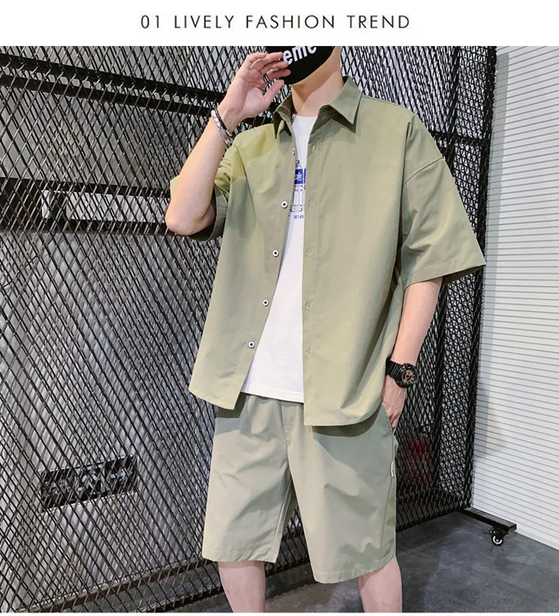 2025 Trendy Korean-Style Men's Summer Outfit – Casual Two-Piece Set Featuring Short Sleeve Shirt & Matching Shorts, Stylish High Street Look for Daily & Streetwear Fashion
