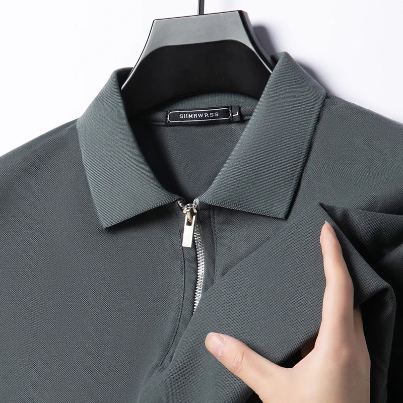 2025 Summer Men’s Slim Fit Polo Shirt with Flip Collar and Breathable Half-Zip Short Sleeves – Solid Color Comfortable Casual Tee
