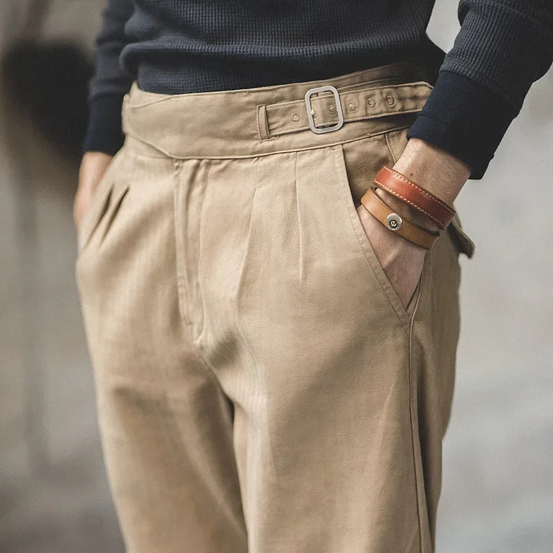 Men’s Classic Straight Vintage Khaki Gurkha Cargo Pants with Adjustable High Waist – Casual Work Trousers for Spring and Fall