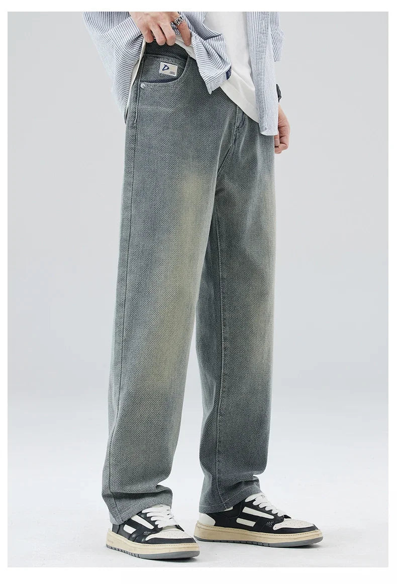 Vintage Men’s Baggy Jeans – Korean Style Starry Sky Fabric, Straight Fit Casual Denim Trousers, High Street Personalized Pants