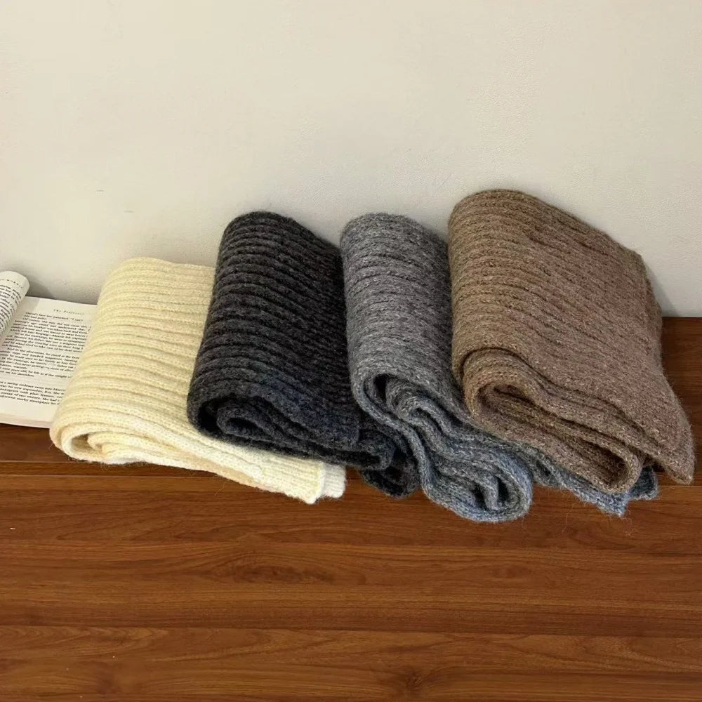 High-End Korean Style Thick Knit Scarf for Women – Warm Woolen Solid Color Winter & Autumn Wrap