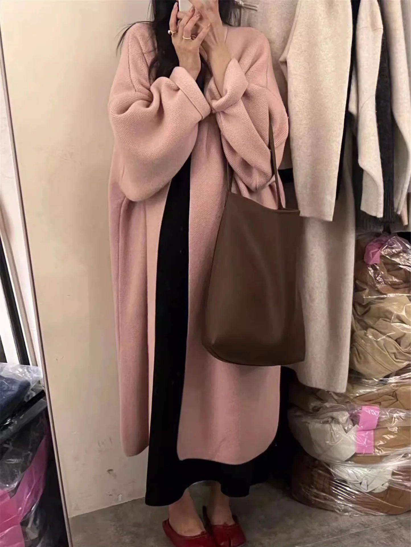 2024 Women's V-Neck Knit Cardigan – Long Sleeve Open Front Sweater, Loose Fit Solid Color Winter Outerwear