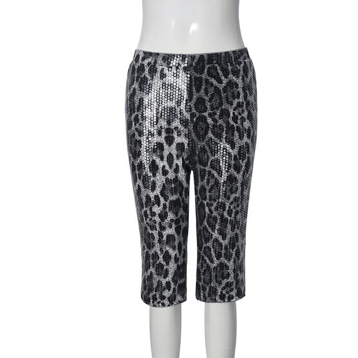 Women's Leopard Print Sequin Shorts – Sexy Knee-Length Clubwear, Slim Fit Party Pants for Evening & Street Style 