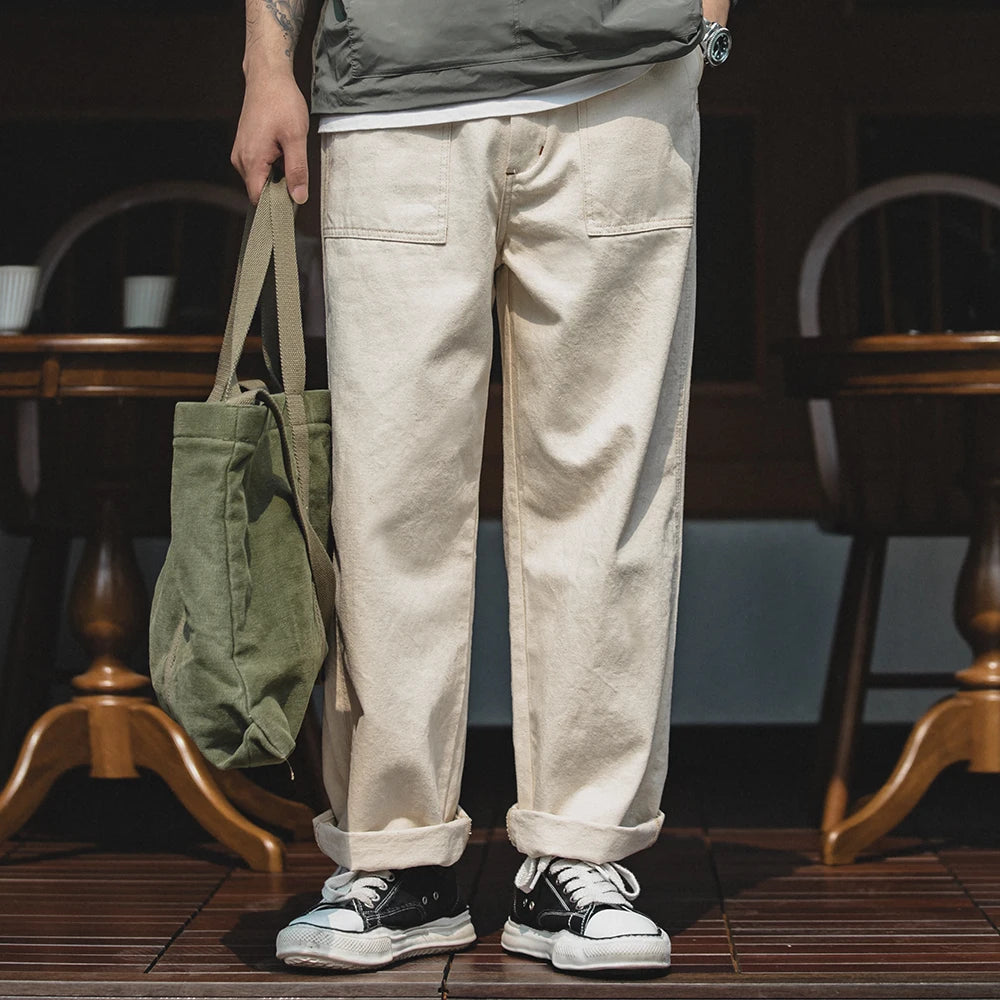 Maden Men's 11.2oz Retro White Cotton Denim Jeans – Loose Straight Fit Casual Long Pants, Streetwear-Inspired Cargo Sweatpants