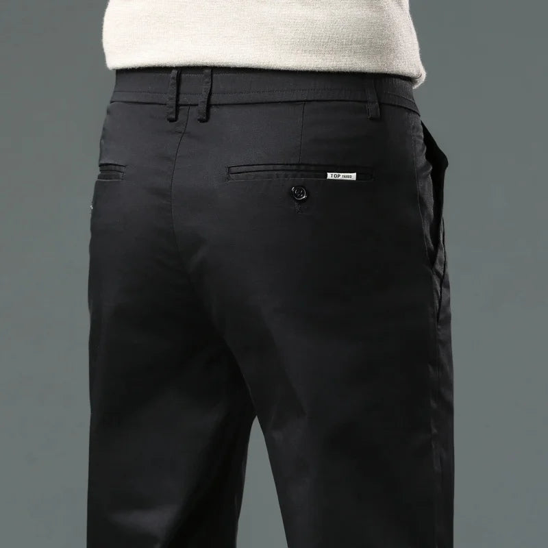 Men’s Classic Straight-Leg Cotton Trousers – 98% Cotton, Breathable Business Casual Pants with Elastic Comfort – Ideal for Spring & Summer
