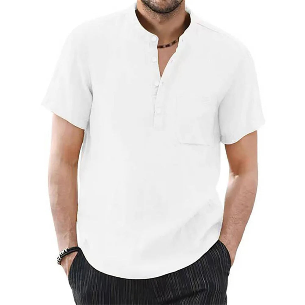 Men’s Casual Short Sleeve Cotton-Linen T-Shirt – Solid Color, Breathable and Comfortable Summer Shirt