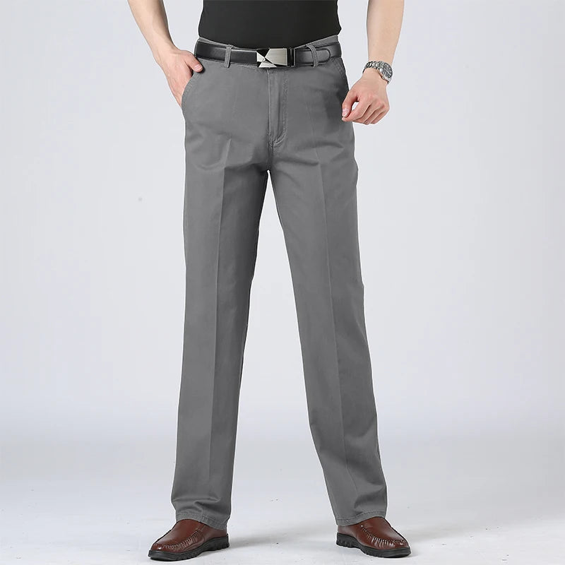Men's Solid Cotton Straight-Leg Chino Pants – Business Casual Trousers with Belt, Ideal for Autumn & Winter – Classic Formal Style for Adults & Seniors