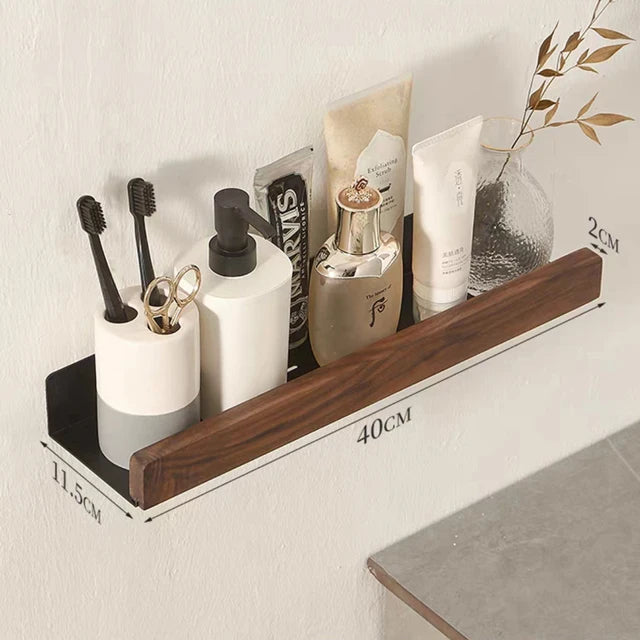No-Drill Wall-Mounted Solid Wood Corner Bathroom Shelf — Shower Storage Rack and Toilet Shampoo Holder