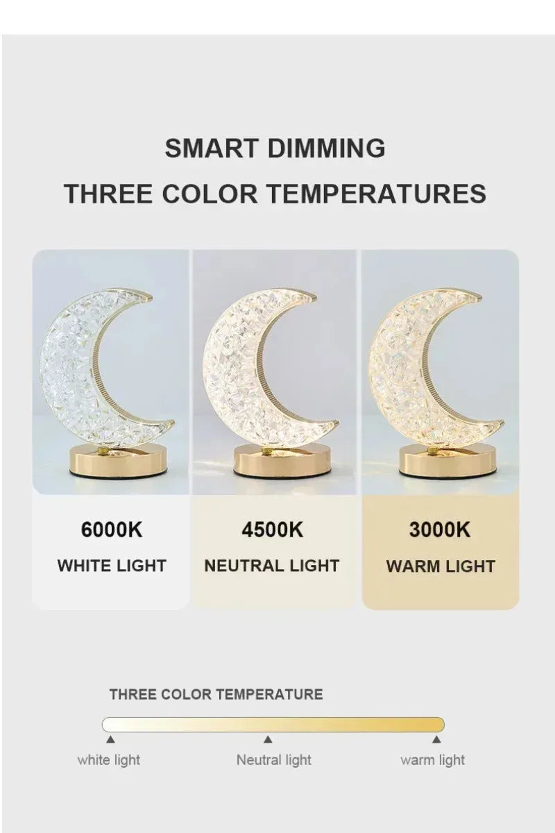 Rechargeable Crystal Touch Dimmable Night Lamp for Bedroom, Girls’ Room, USB LED Ambient Table Light with 3D Moon Design