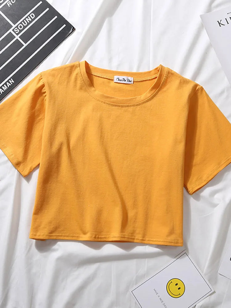 Women’s Summer Casual Cotton Short Sleeve Crop Top – Solid Color O-Neck Loose Fit T-ShirtT