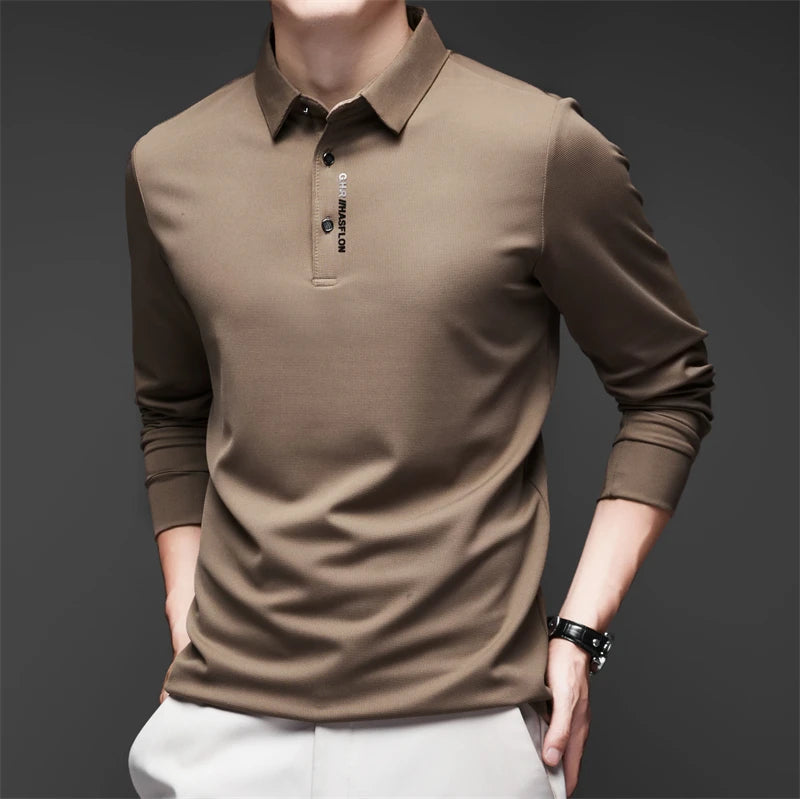 Men's Long Sleeve Polo Shirt – Solid Color, Business Casual, Stylish & Breathable Shirt with Badge Design